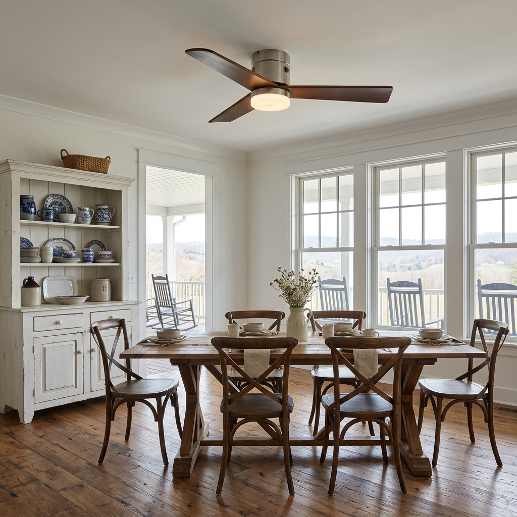 Joliette ceiling fan light Model D above a farmhouse dining table