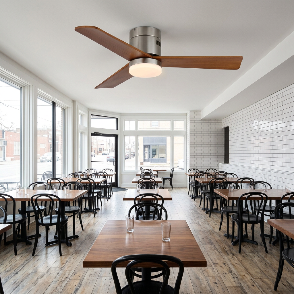 Joliette ceiling fan light Model E in a neighborhood restaurant