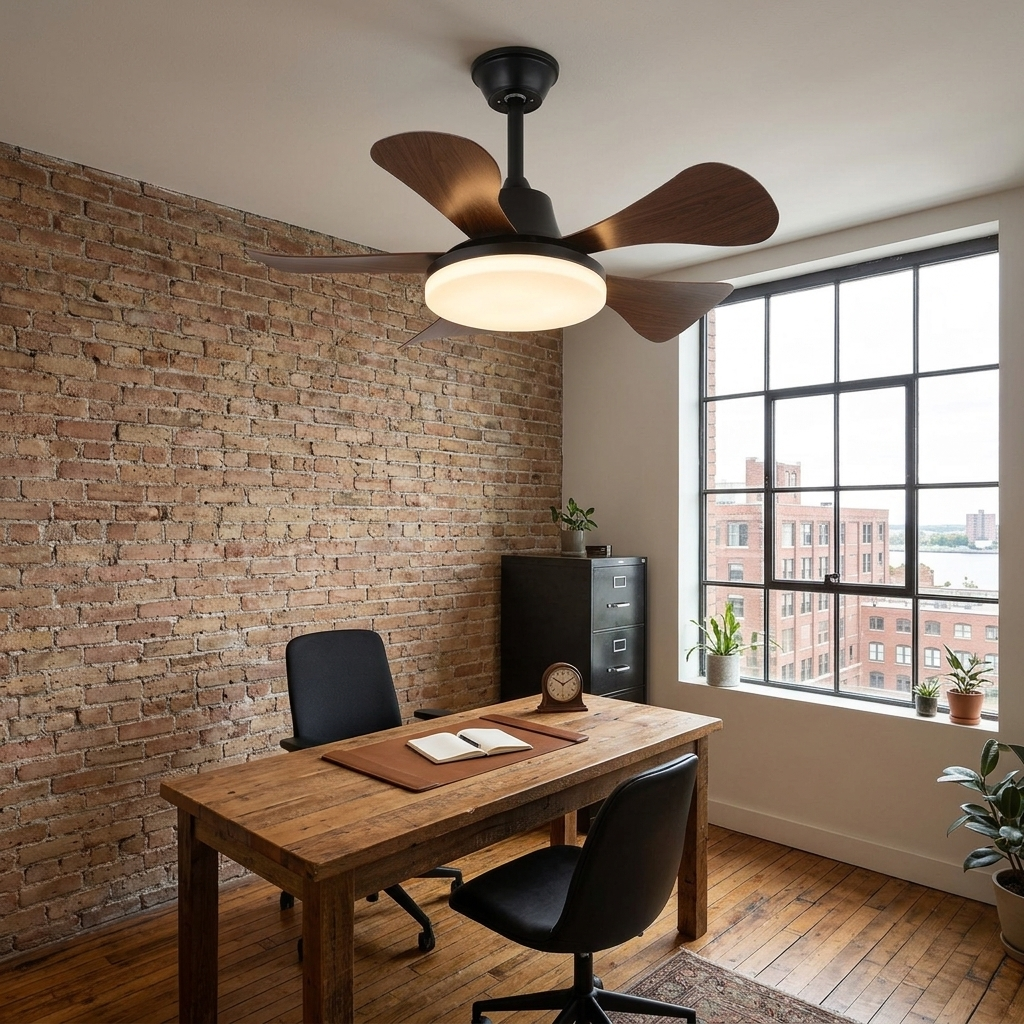 Junon walnut blade ceiling fan Model D in a loft office