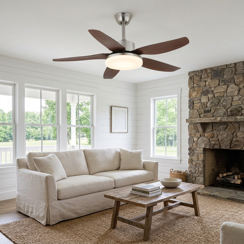 Junon walnut blade ceiling fan Model E in a farmhouse living room