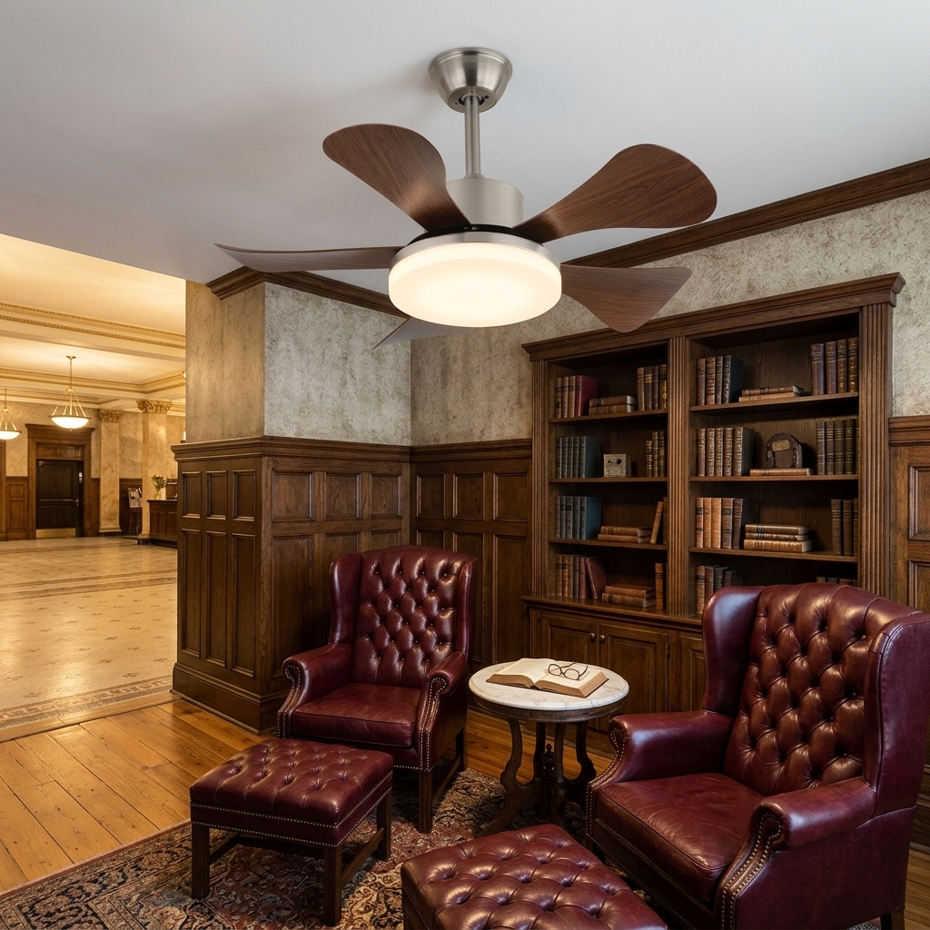 Junon walnut blade ceiling fan Model C in a hotel lobby reading nook