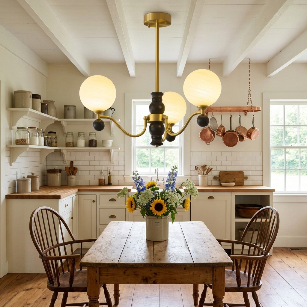 Ulyana brass and walnut glass globe chandelier, 3 lights, over a farmhouse kitchen table