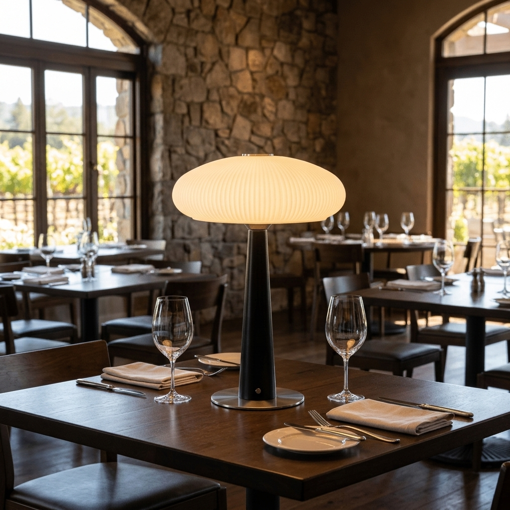 Quintia fluted glass rechargeable LED table lamp on a restaurant dining table