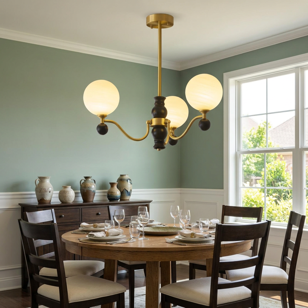 Ulyana brass and walnut glass globe chandelier, 3 lights, over a suburban dining table