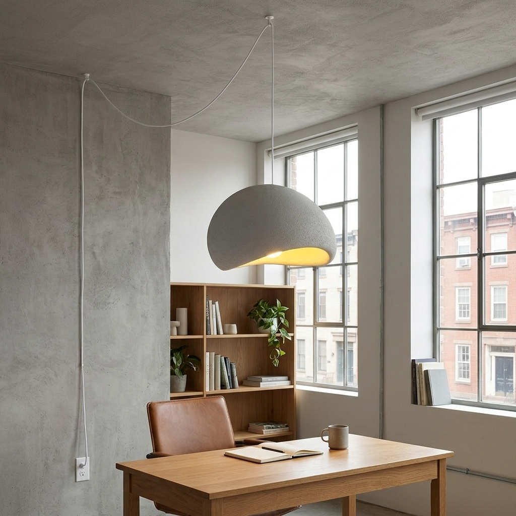 Thessaly cloud plug-in swag pendant light in Grey over a desk in a loft apartment home office