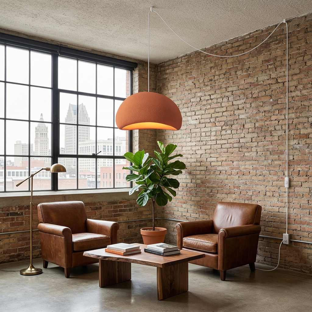 Thessaly cloud plug-in swag pendant light in Orange over a lounge seating area in an office