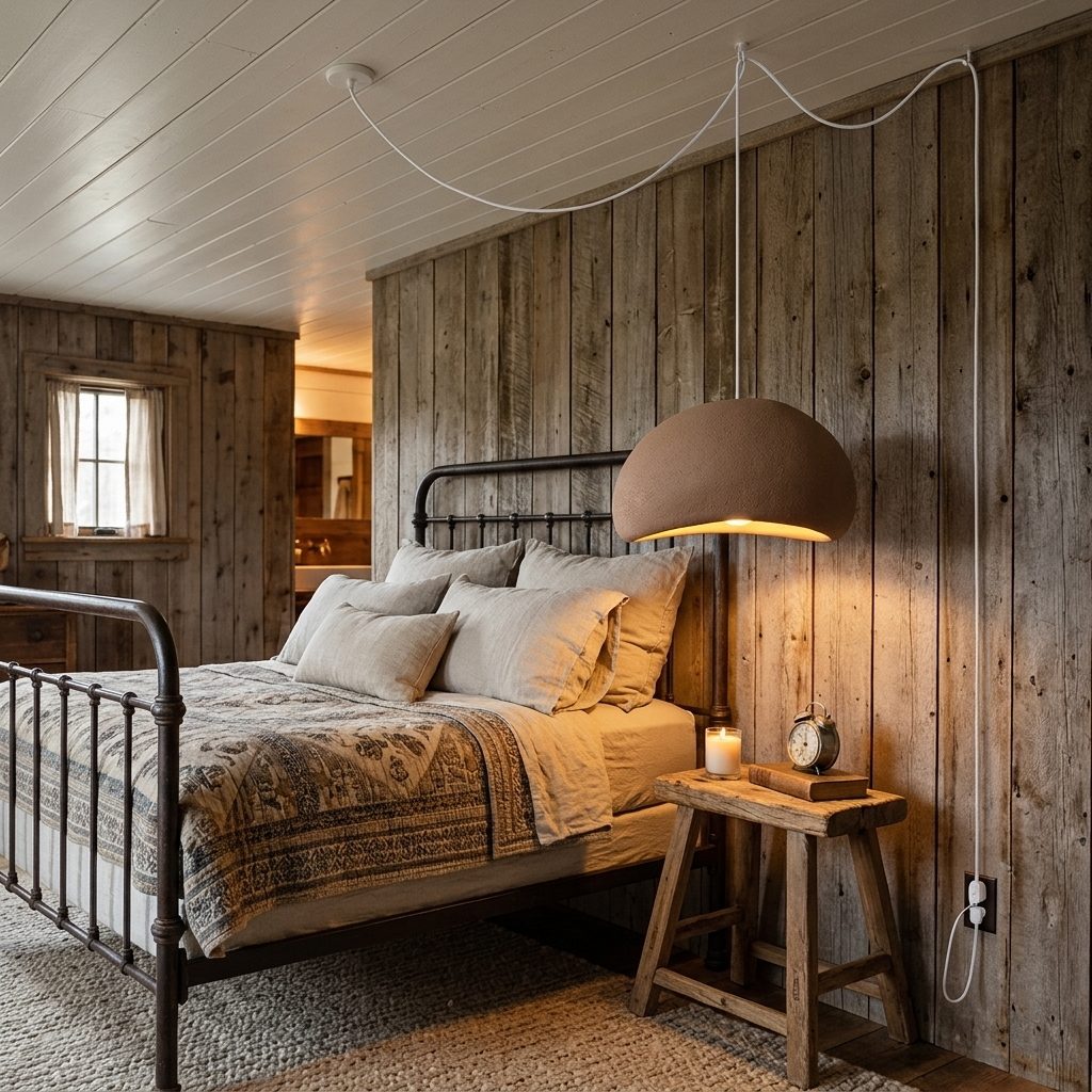 Thessaly cloud plug-in swag pendant light in Brown beside the bed in a farmhouse bedroom