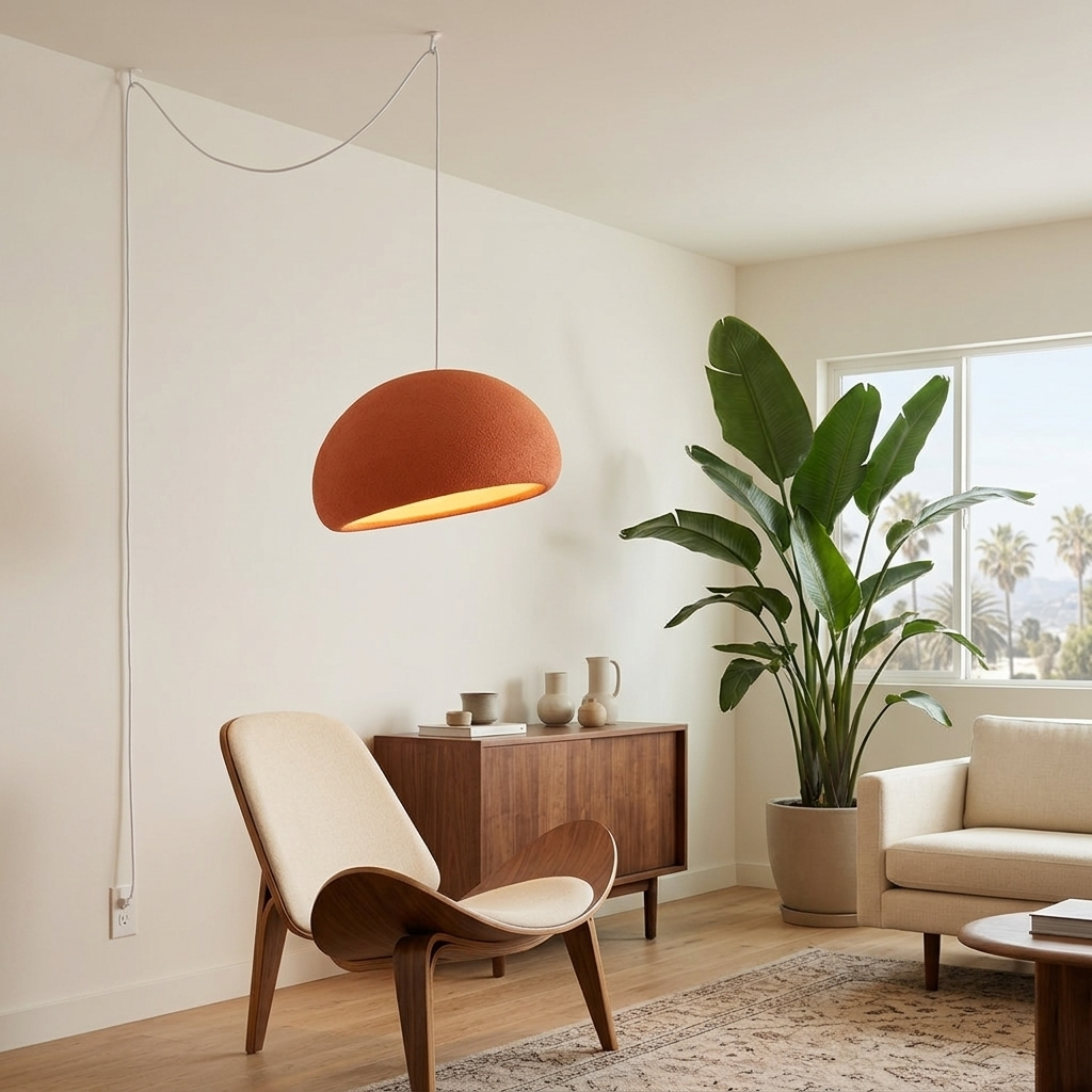 Thessaly cloud plug-in swag pendant light in Orange over a lounge chair in an apartment living room