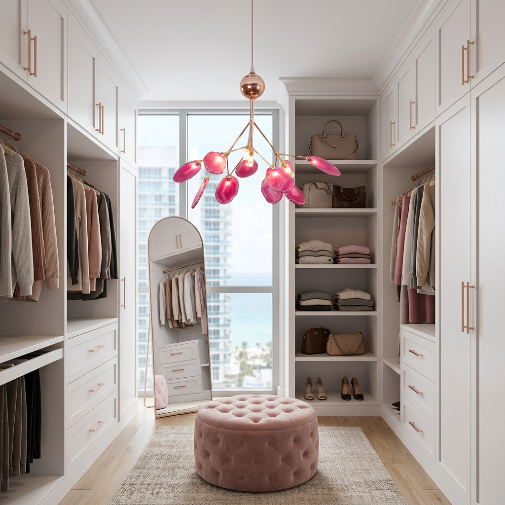 Calliste 4-head pink agate rose gold chandelier in a Miami apartment dressing room