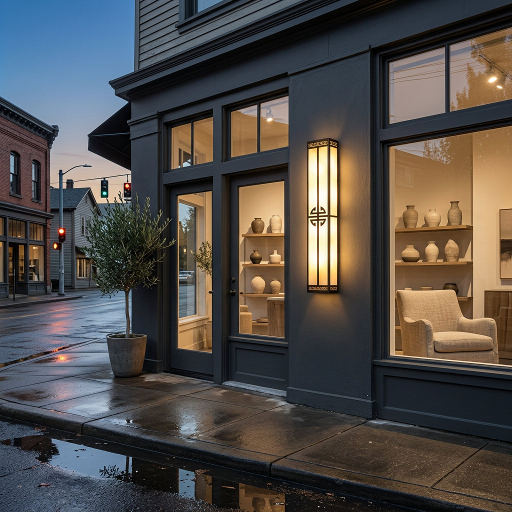 Wrenna alabaster outdoor wall light on a retail storefront