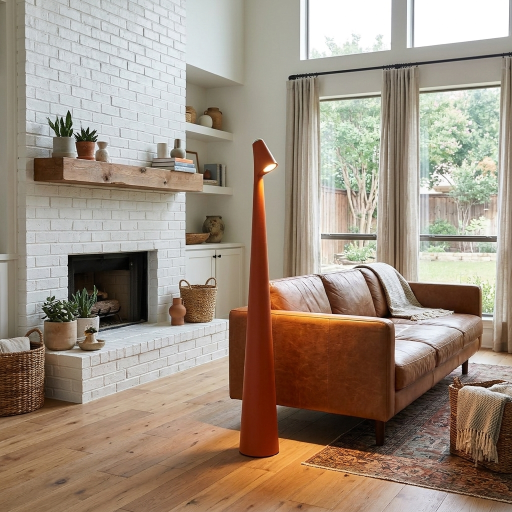 Yselle conical floor lamp in Orange in a suburban family room