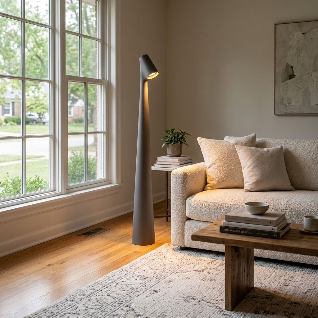 Yselle conical floor lamp in Grey beside a sofa in a suburban living room