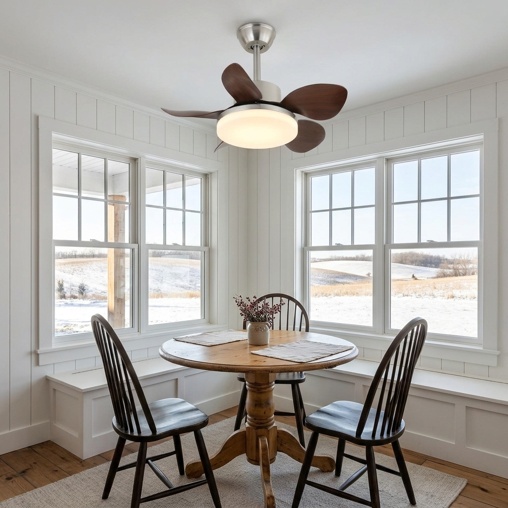 Junon walnut blade ceiling fan Model A in a farmhouse breakfast nook