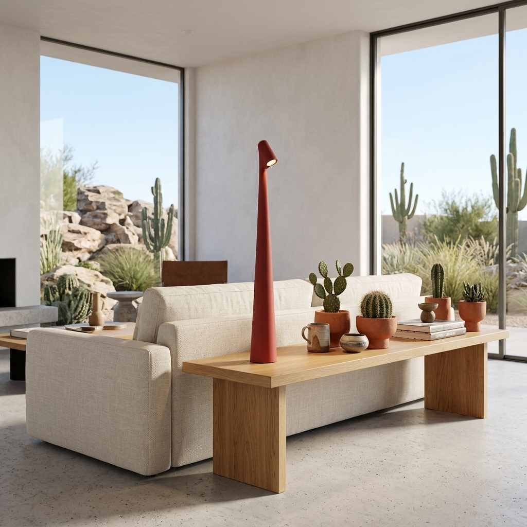 Amaryn cordless cone table lamp in Red on a living room console table