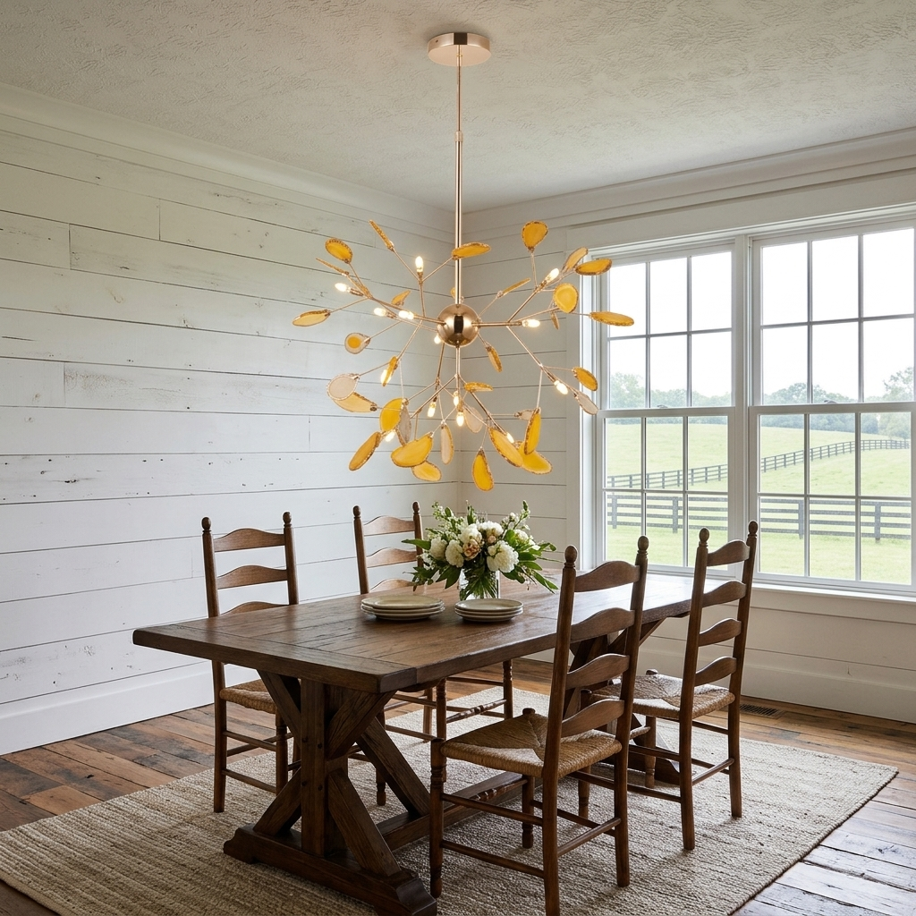 Calliste 16-head yellow agate rose gold chandelier over a farmhouse dining table in Lexington