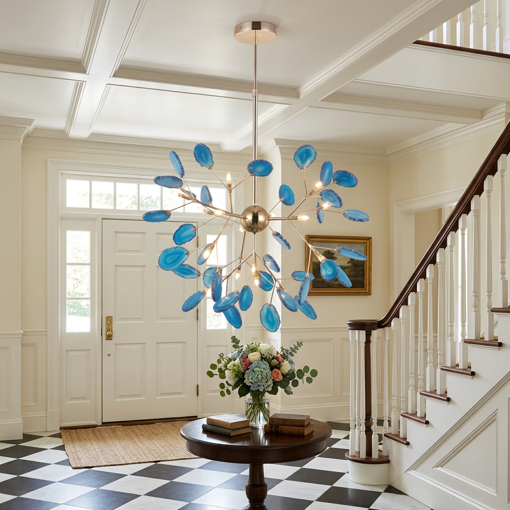 Calliste 16-head blue agate rose gold chandelier in a Boston colonial entry foyer