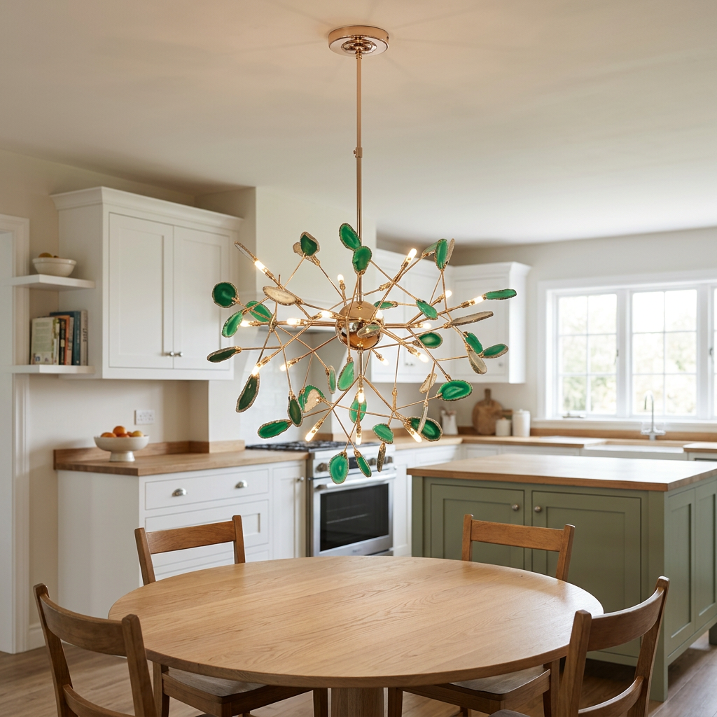 Calliste 20-head green agate rose gold chandelier over a kitchen table in a Columbus home