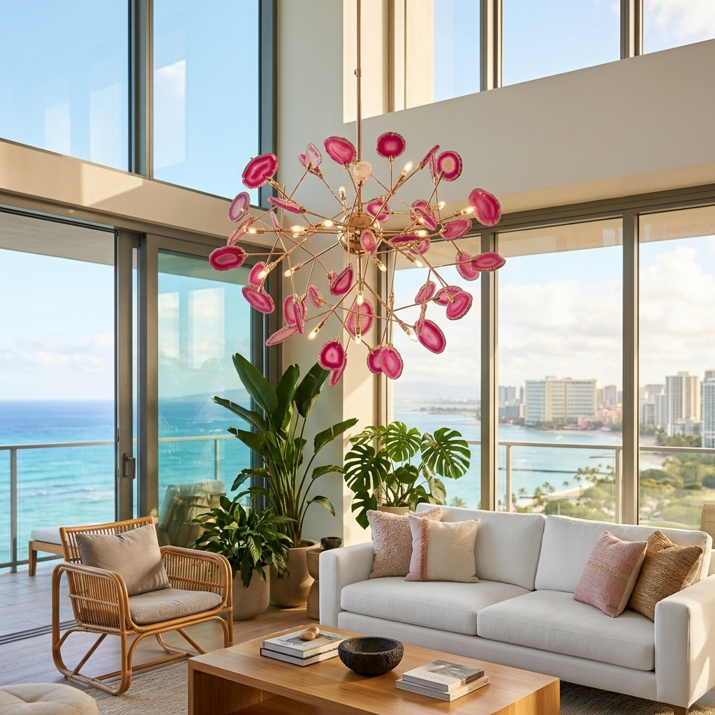 Calliste 20-head pink agate rose gold chandelier in a Honolulu condo living room
