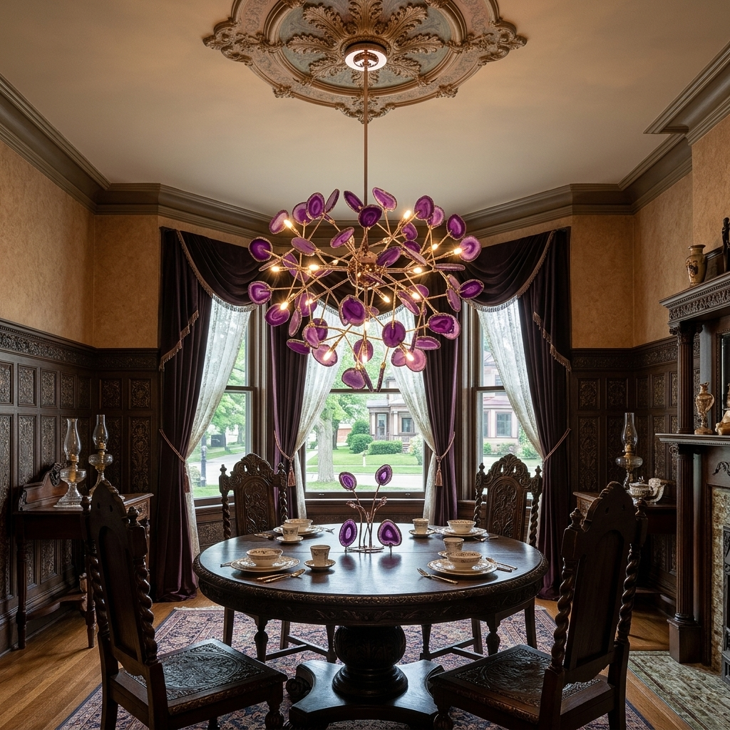 Calliste 20-head purple agate rose gold chandelier over a dining table in a Milwaukee Victorian home