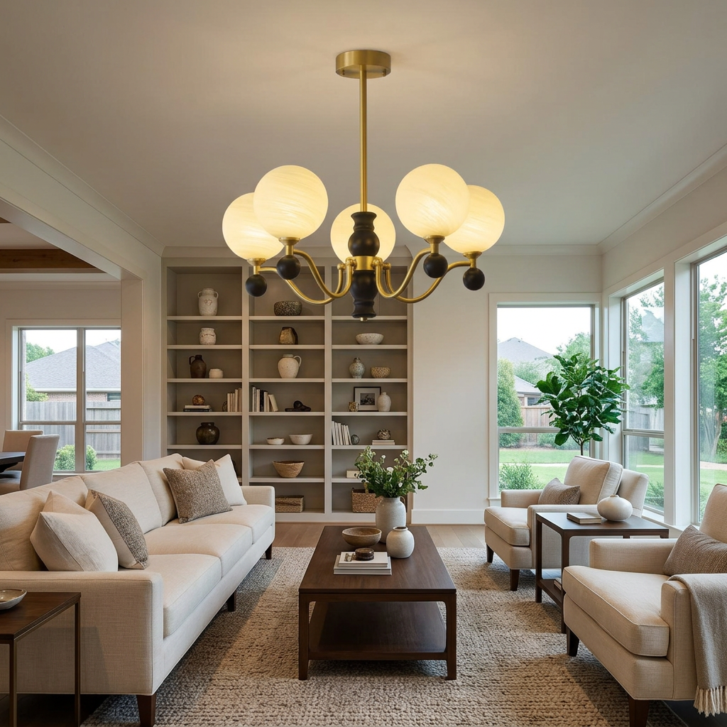 Ulyana brass and walnut glass globe chandelier, 5 lights, in a suburban living room