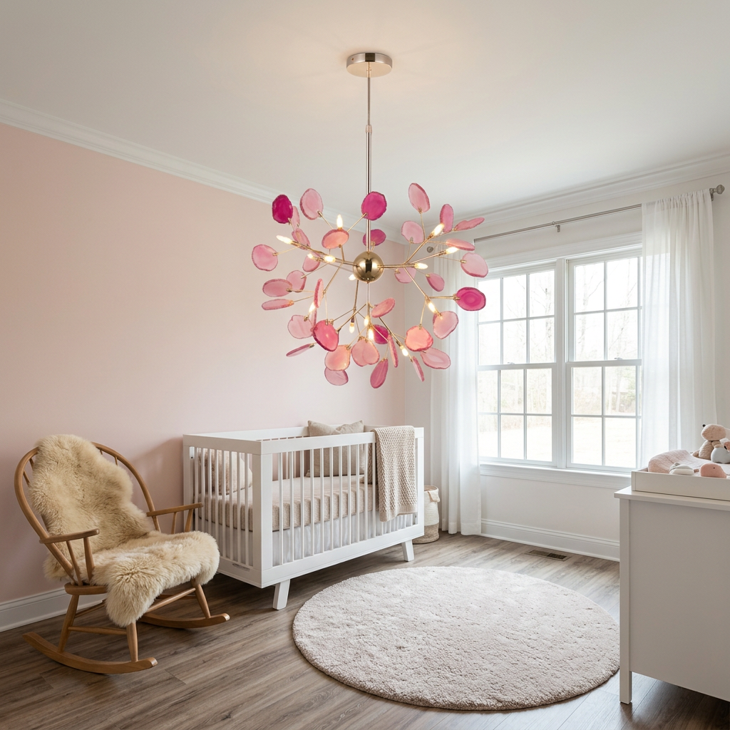 Calliste 16-head pink agate rose gold chandelier in an Atlanta nursery