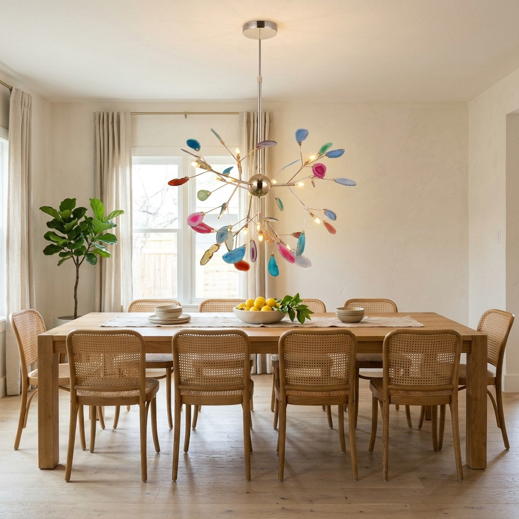 Calliste 16-head multicolor agate rose gold chandelier over a dining table in an Austin bungalow