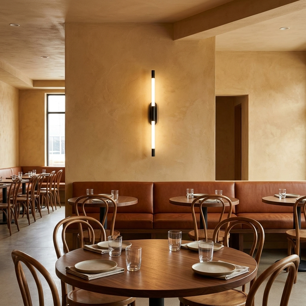 Abelle slim tube LED wall sconce in Black, restaurant, Denver CO