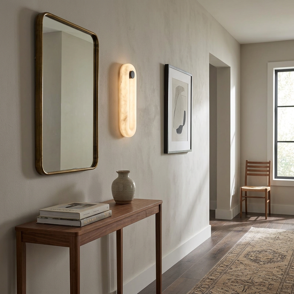 Aquila alabaster capsule wall sconce in a suburban hallway in Charlotte