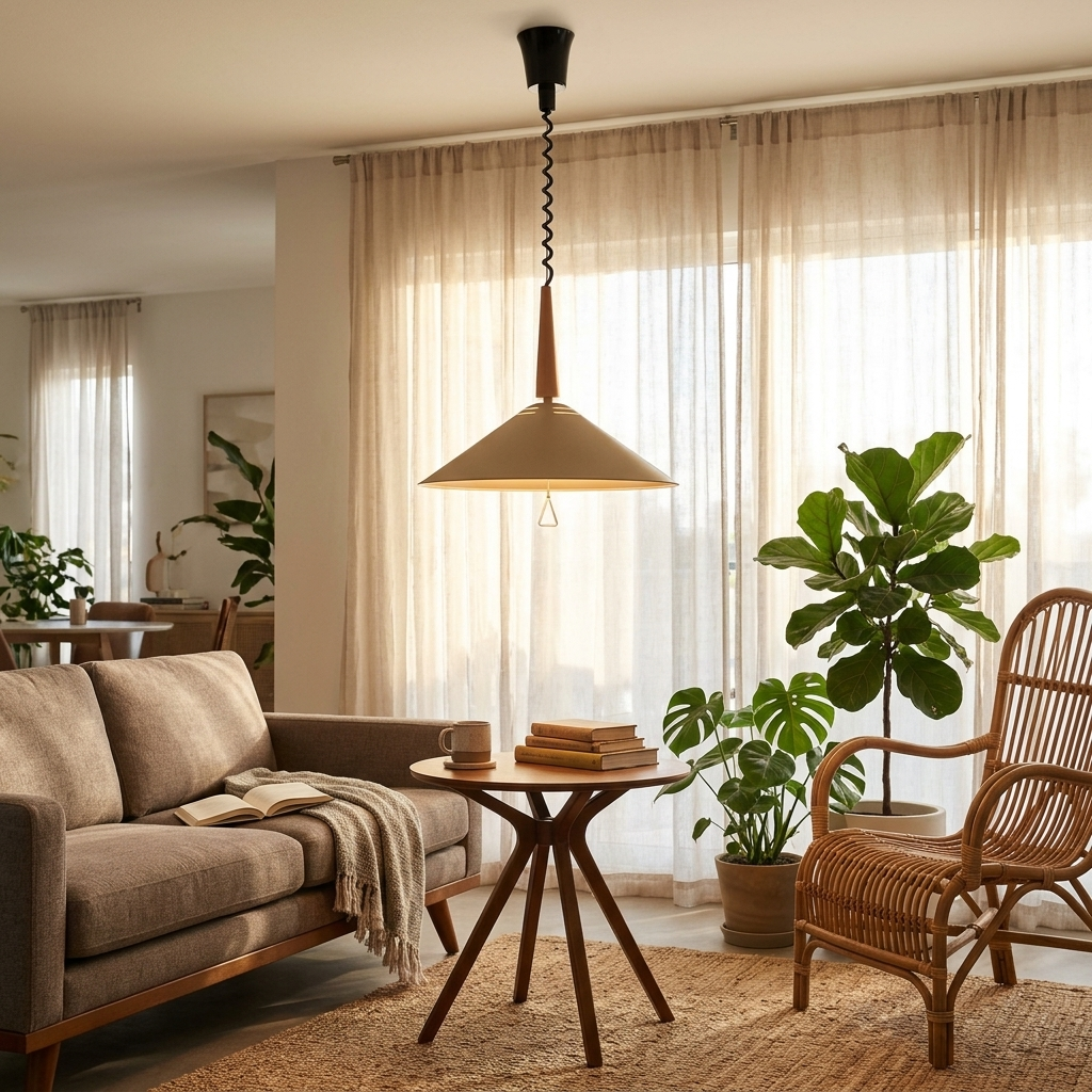 Aelith cone pendant light in Adzuki, apartment reading corner, San Diego CA