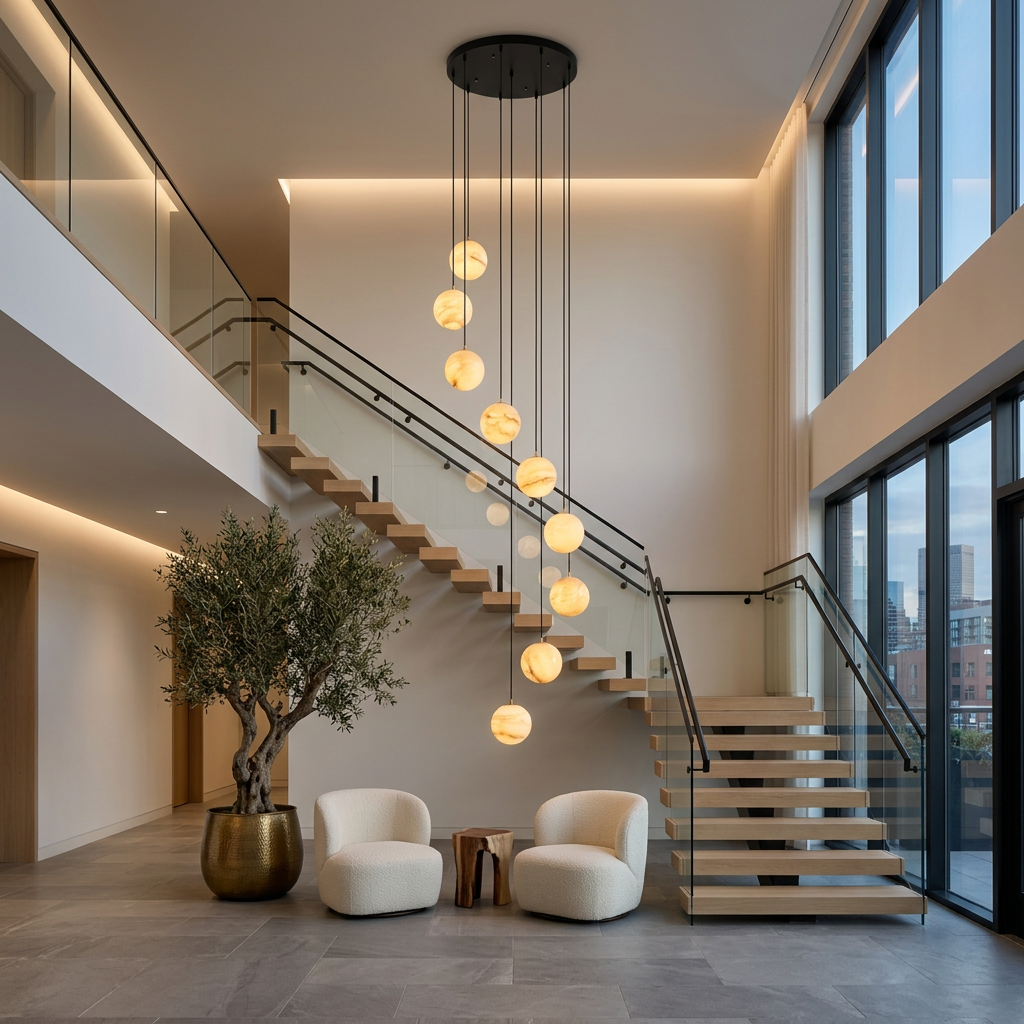Amadine 9-light round alabaster sphere cluster chandelier in a hotel lobby atrium