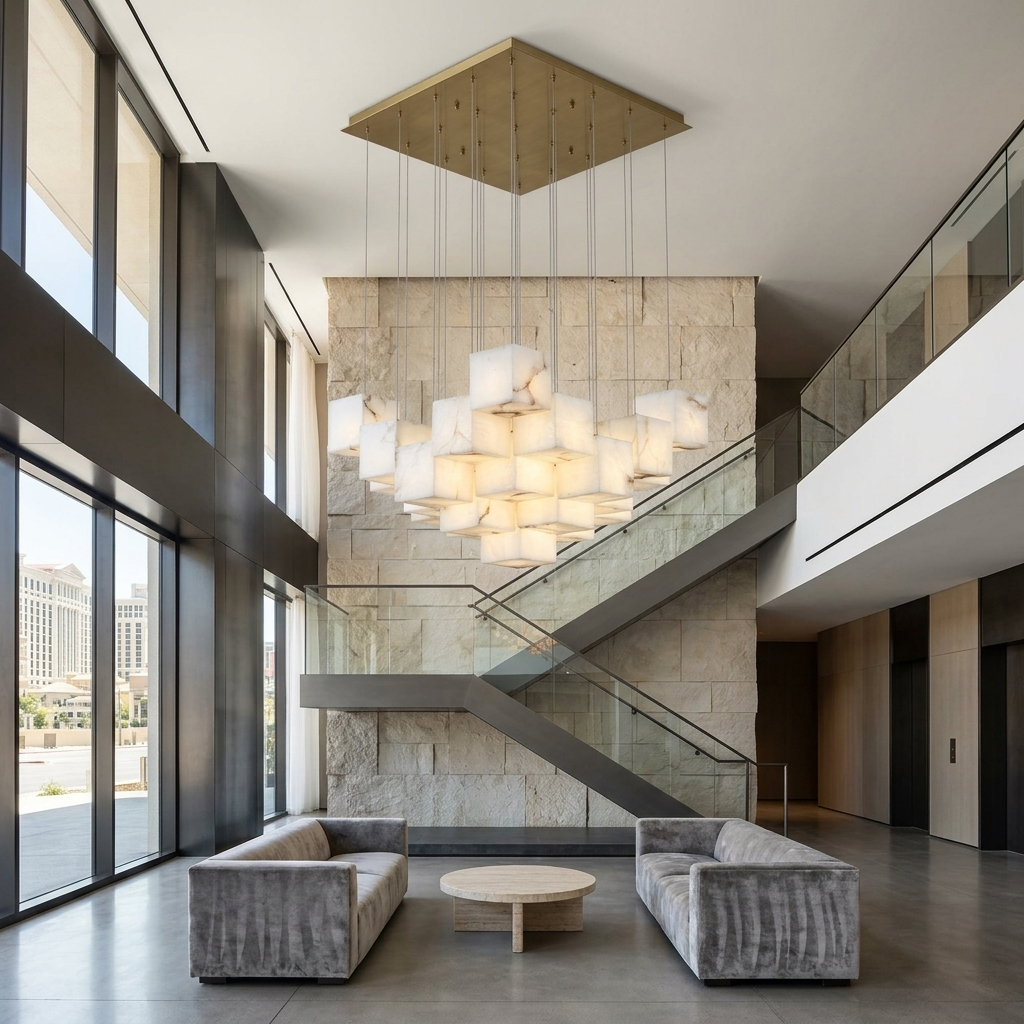 Arelia 25-light alabaster cube pyramid chandelier in a Las Vegas hotel atrium