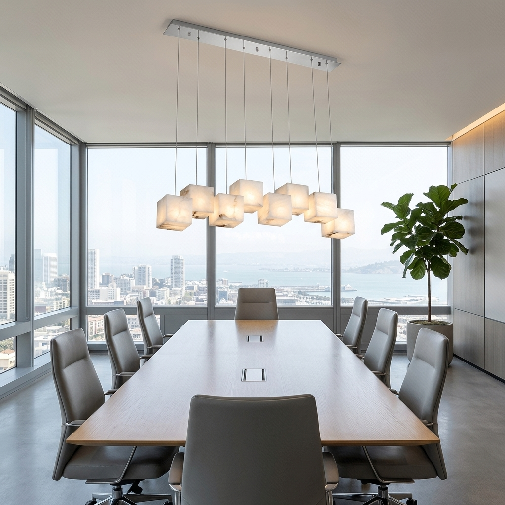 Ariane 8-light linear alabaster cube chandelier in silver over a San Francisco office conference table