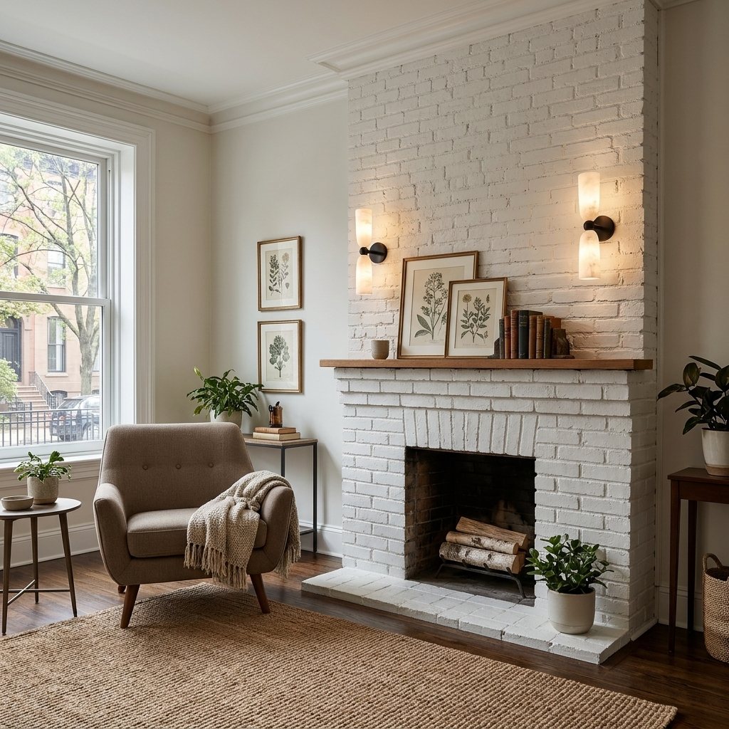 Alvane double bell alabaster wall sconce in black & white in an apartment living room in Philadelphia, Pennsylvania
