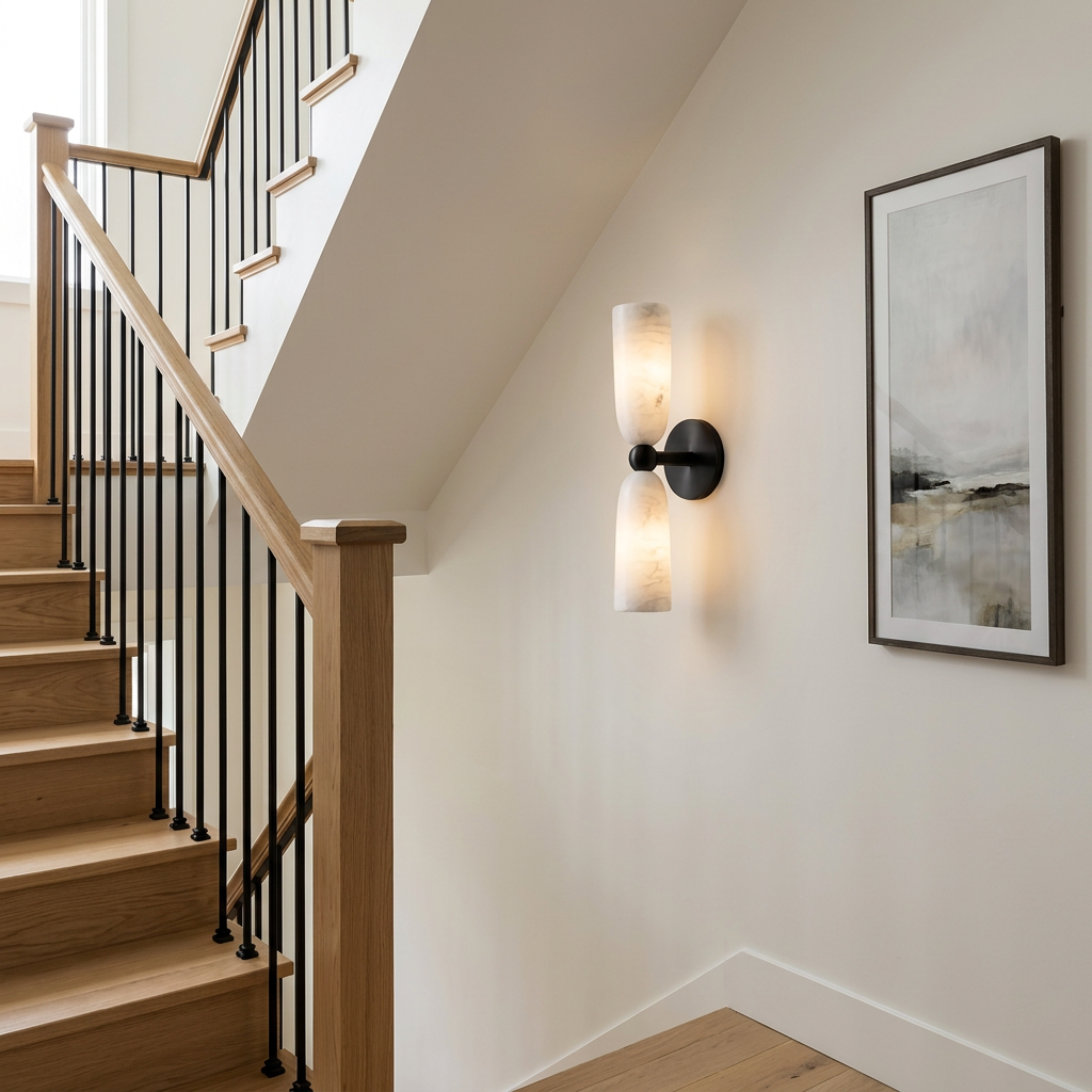 Alvane double bell alabaster wall sconce in black & white on the staircase landing of a suburban house in Salt Lake City, Utah
