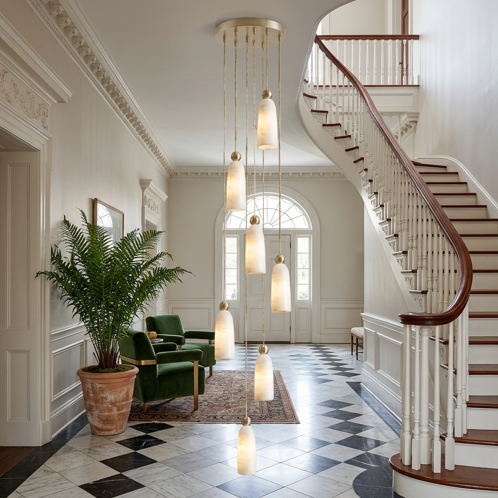 Ansette 7-light alabaster bell cascade pendant in a hotel lobby
