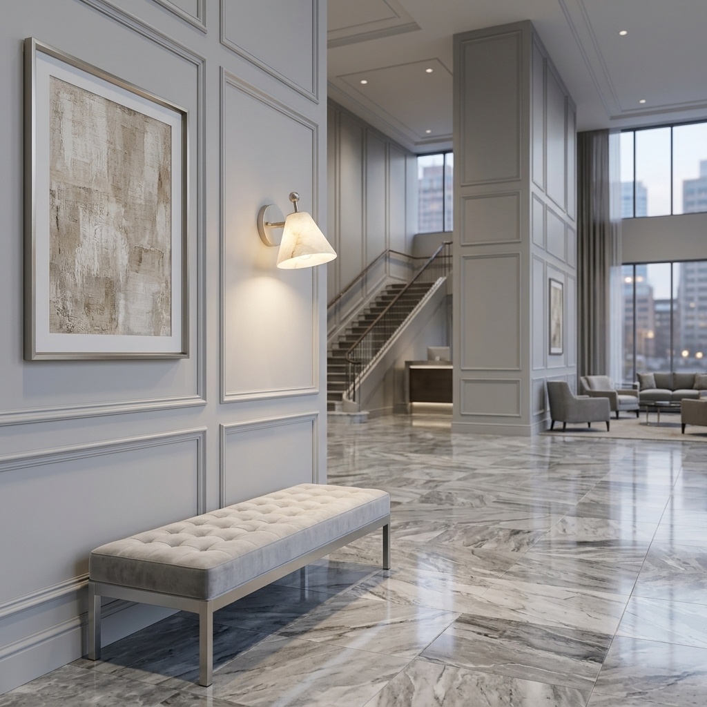Alcyone alabaster cone wall sconce, Nickel & White: hotel lobby corridor, Boston