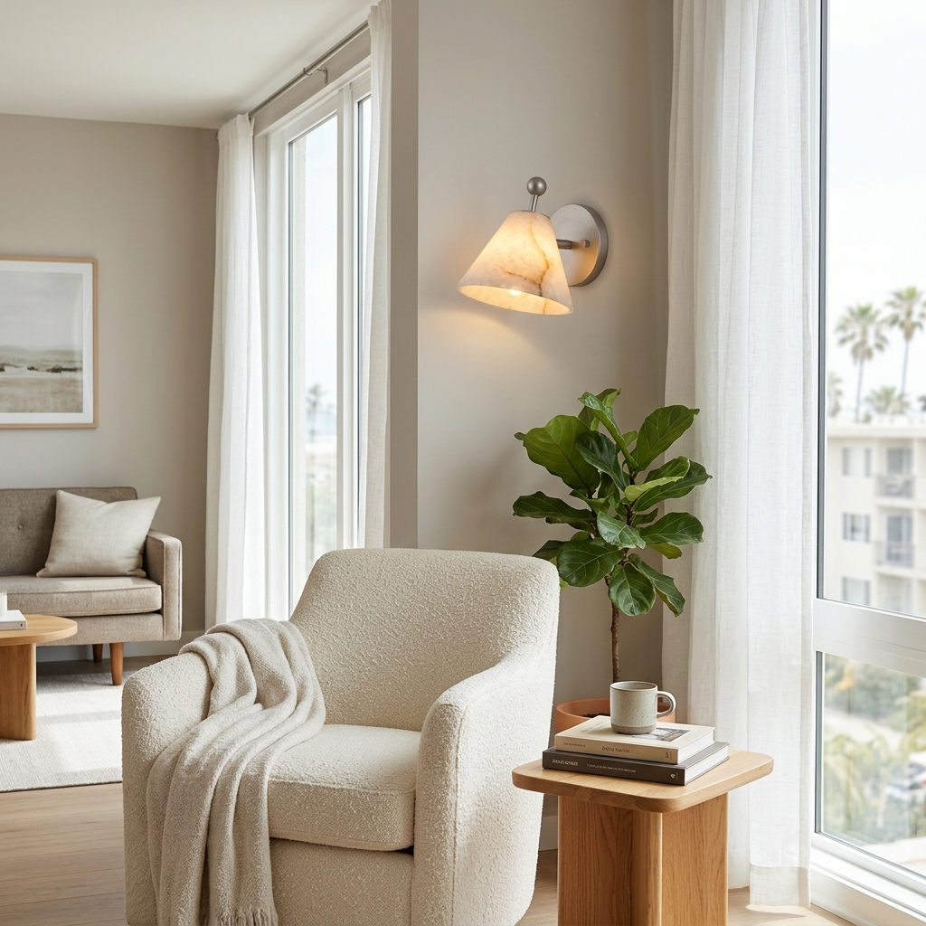 Alcyone alabaster cone wall sconce, Nickel & White: apartment reading nook, San Diego