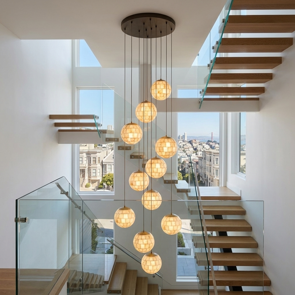 Aldora alabaster globe pendant, 11 Lights: townhouse stairwell, San Francisco