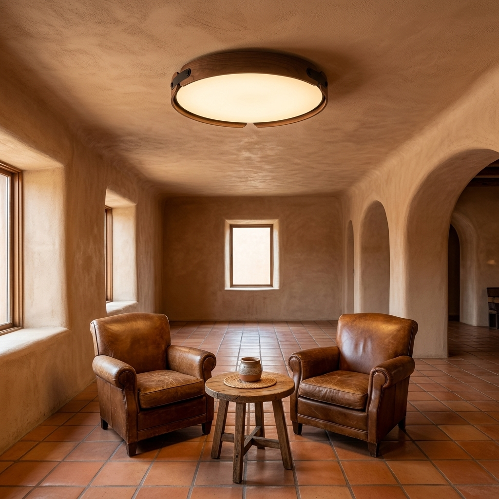 Allegra slim wood LED flush mount, Walnut Color: hotel lobby seating, Santa Fe