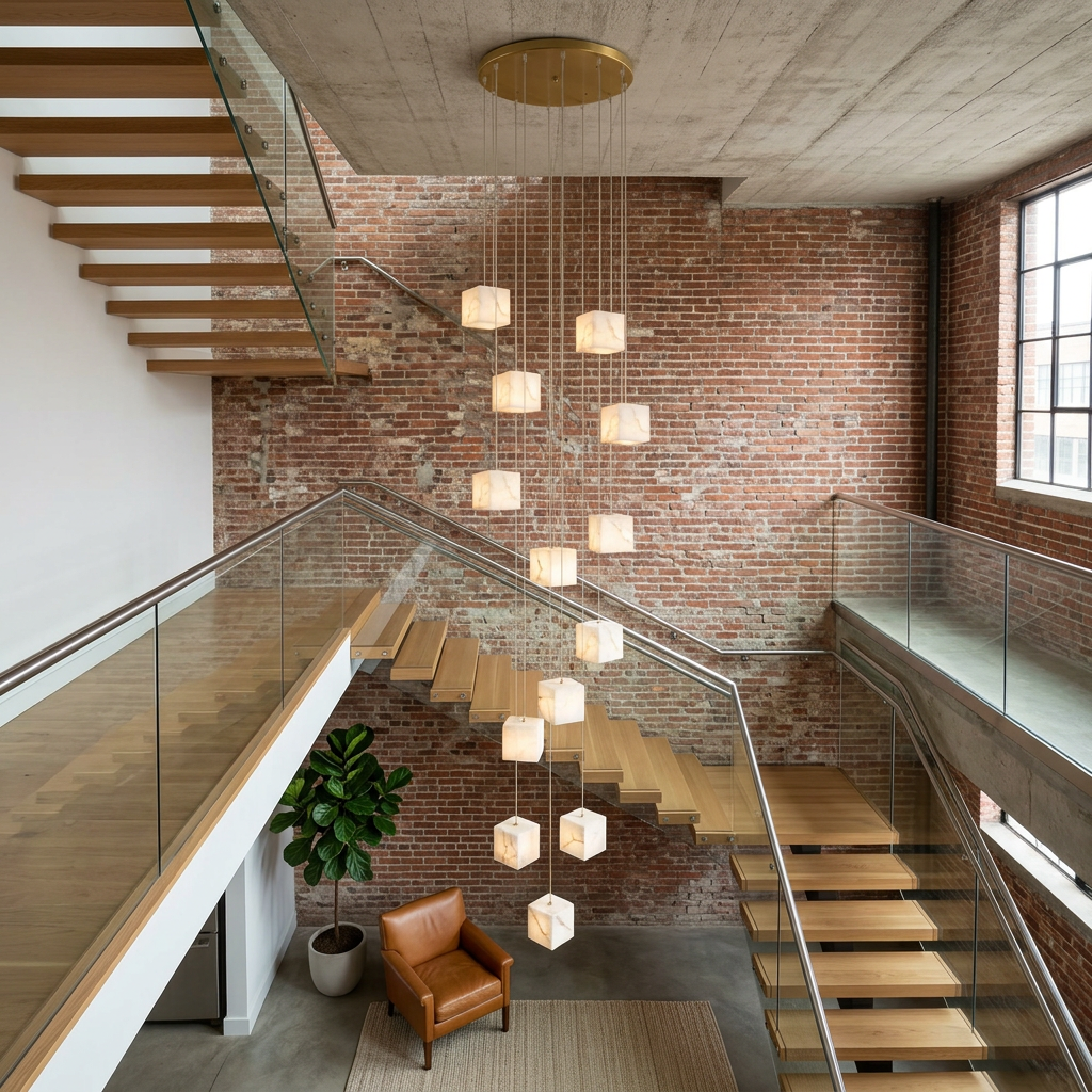 Arelia 12-light alabaster cube cascade pendant in a Philadelphia loft stairwell