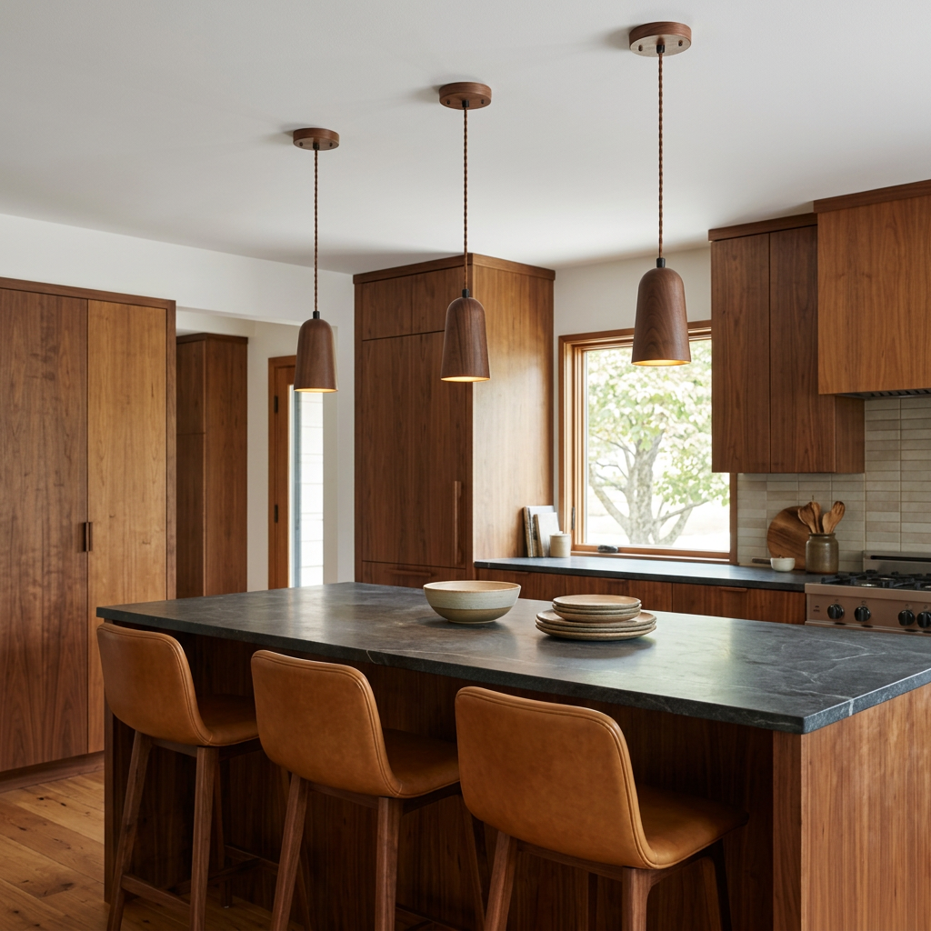 Valentine Solid Wood Taper Mini Pendant Light Walnut Color over a kitchen island