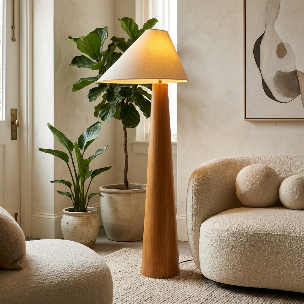 Ursule Organic Wood Floor Lamp with Linen Shade in a boutique hotel lounge