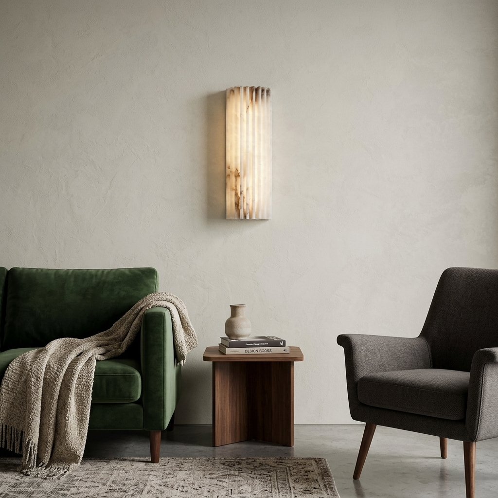 Vianney Ribbed Alabaster LED Wall Sconce in a living room