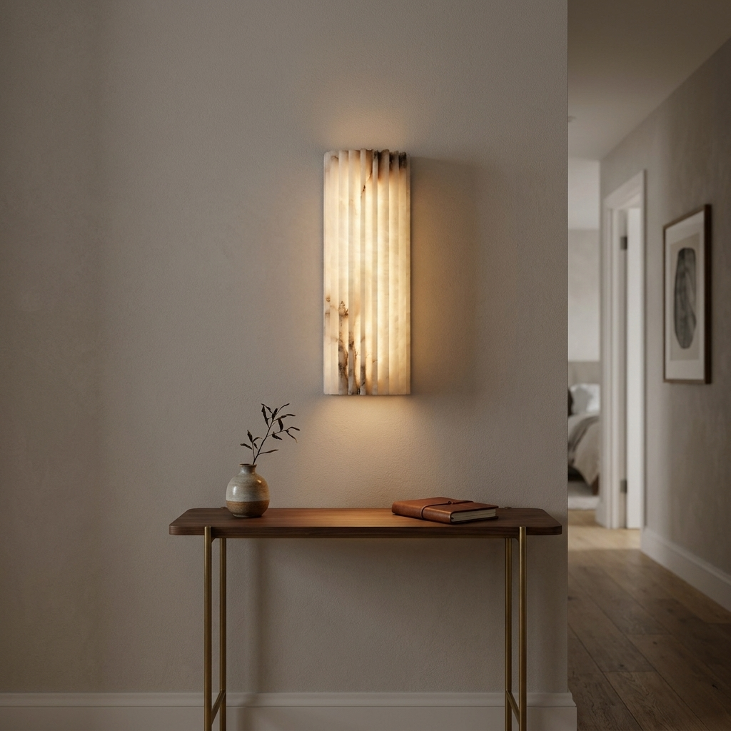 Vianney Ribbed Alabaster LED Wall Sconce in a hallway