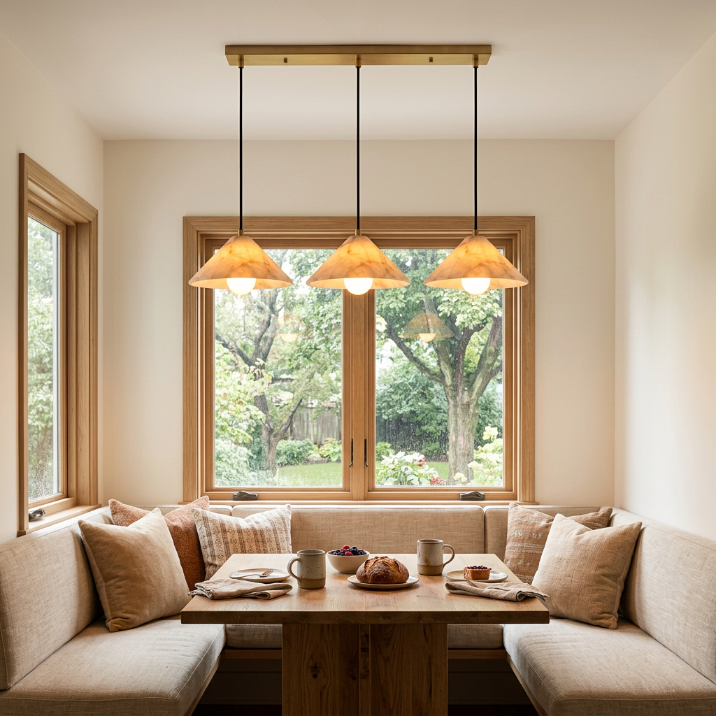 Zephyrine Alabaster Cone Brass Pendant Light Linear 31.5″ in a breakfast nook