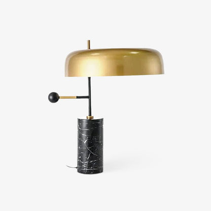 Barclay marble table lamp with gold dome shade, angled view