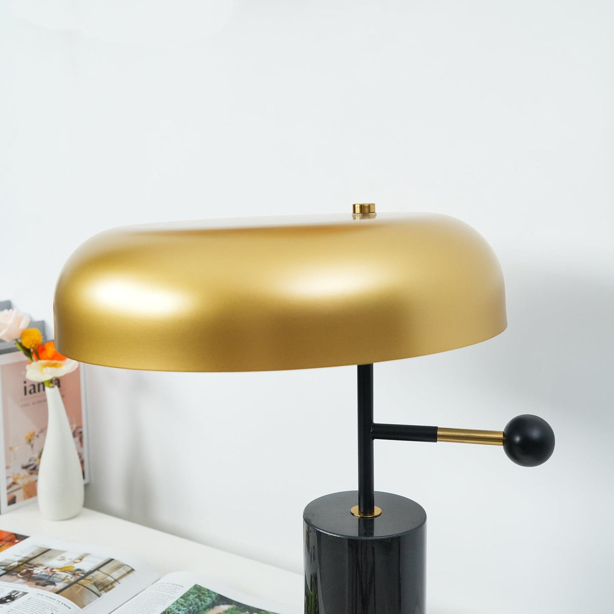 Barclay table lamp close up of the brushed gold dome shade