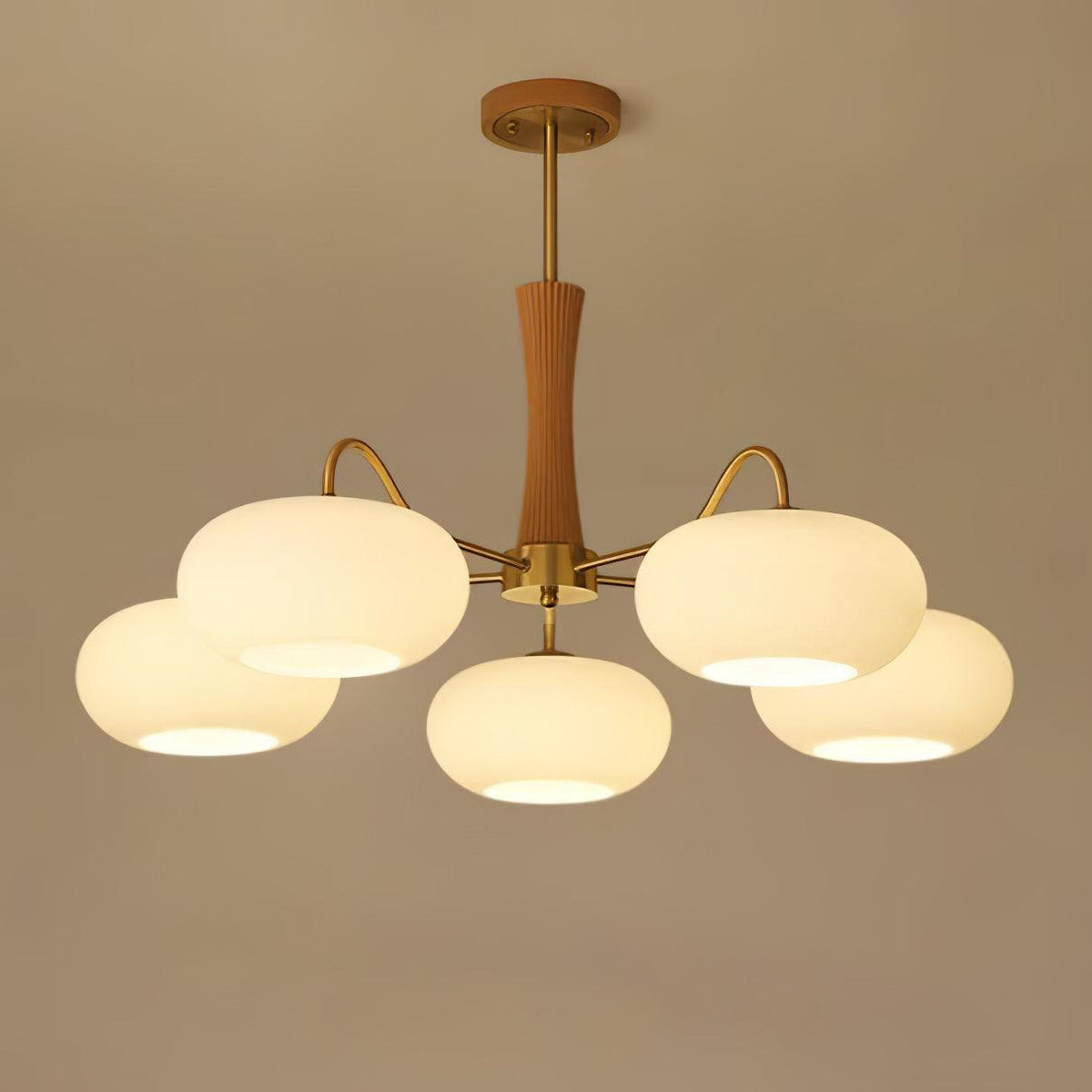 Kaki Brass and Wood Chandelier