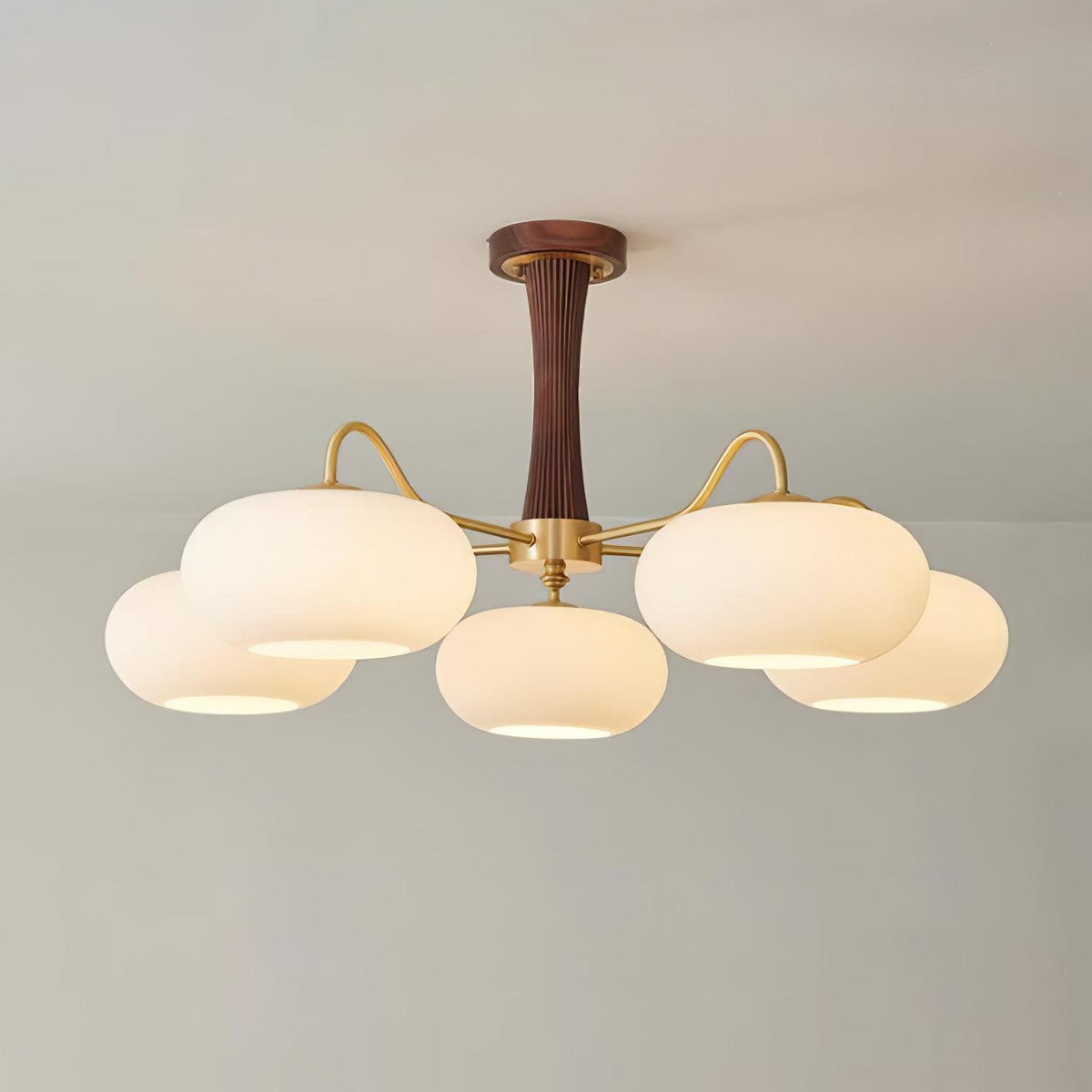 Kaki Brass and Wood Chandelier