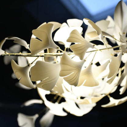 Icho Porcelain Ginkgo Leaf Linear Brass Chandelier
